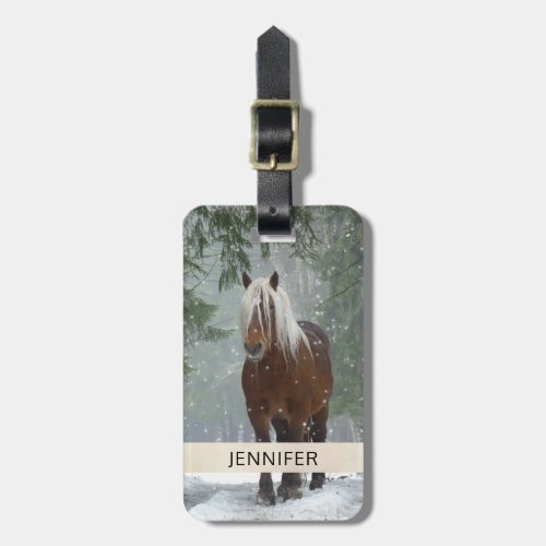 Brown Horse in a Winter Forest with Snow Falling Luggage Tag