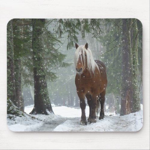 Brown Horse in a Winter Forest with Snow Falling Mouse Pad