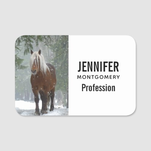 Brown Horse in a Winter Forest with Snow Falling Name Tag