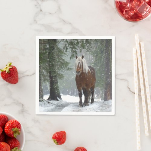 Brown Horse in a Winter Forest with Snow Falling Napkins