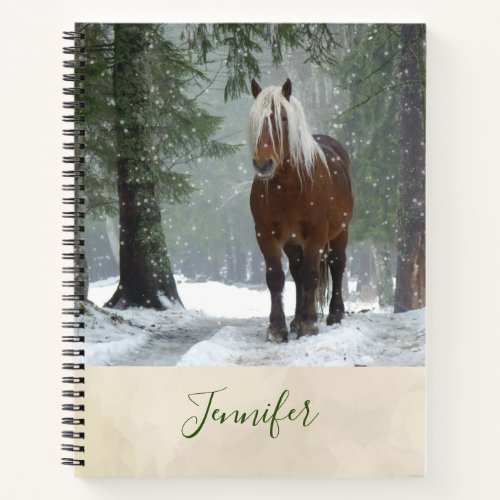 Brown Horse in a Winter Forest with Snow Falling Notebook