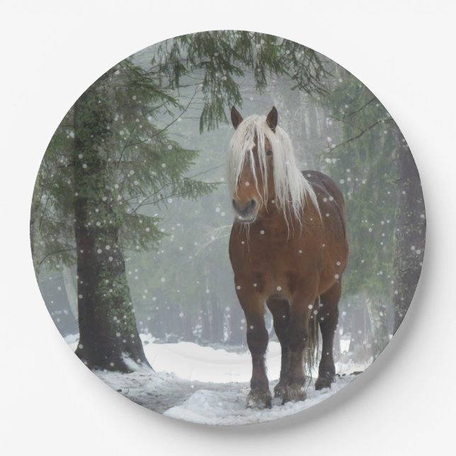 Brown Horse in a Winter Forest with Snow Falling Paper Plates (Front)