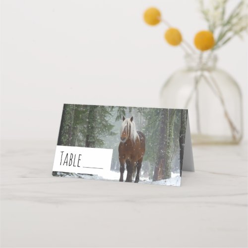 Brown Horse in a Winter Forest with Snow Falling Place Card