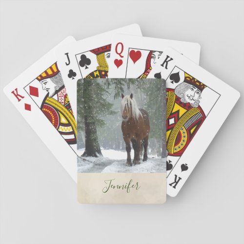 Brown Horse in a Winter Forest with Snow Falling Playing Cards