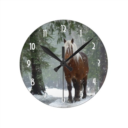 Brown Horse in a Winter Forest with Snow Falling Round Clock