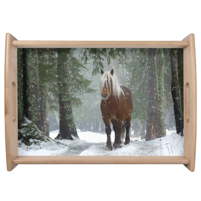Brown Horse in a Winter Forest with Snow Falling Serving Tray (Front)