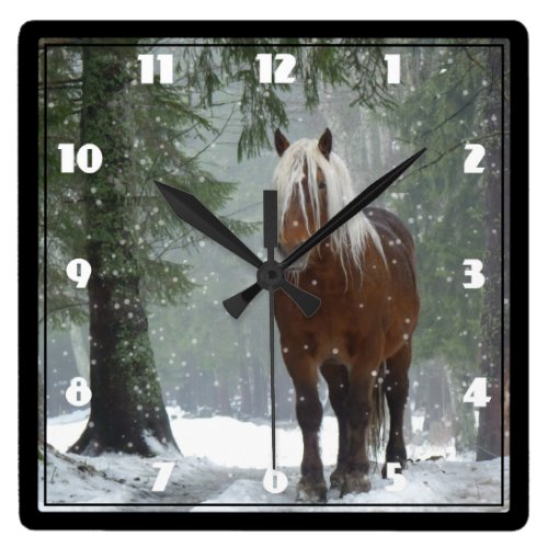 Brown Horse in a Winter Forest with Snow Falling Square Wall Clock