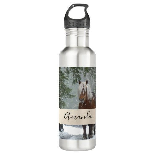 Brown Horse in a Winter Forest with Snow Falling Stainless Steel Water Bottle