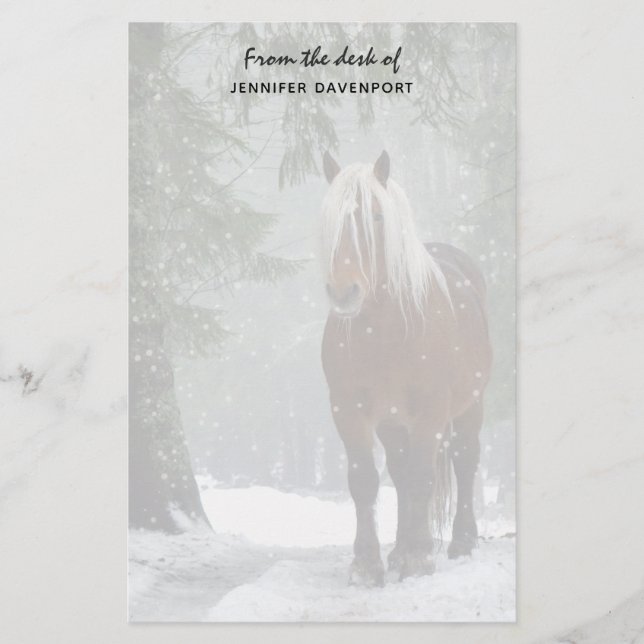 Brown Horse in a Winter Forest with Snow Falling Stationery (Front)