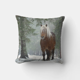 Brown Horse in a Winter Forest with Snow Falling Throw Pillow