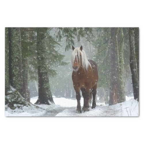 Brown Horse in a Winter Forest with Snow Falling Tissue Paper