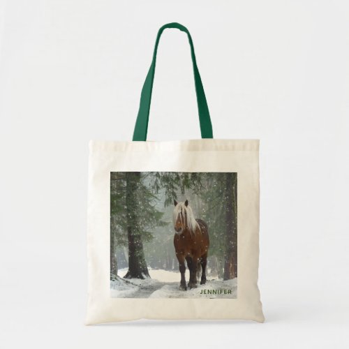 Brown Horse in a Winter Forest with Snow Falling Tote Bag