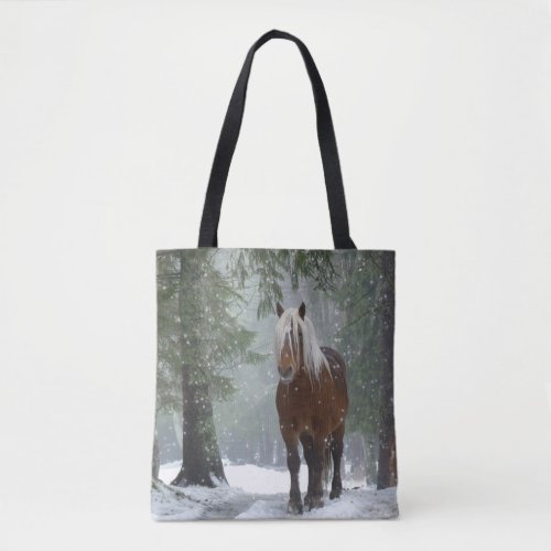 Brown Horse in a Winter Forest with Snow Falling Tote Bag