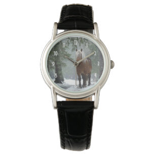 Brown Horse in a Winter Forest with Snow Falling Watch