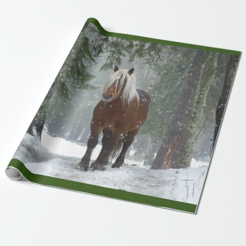 Brown Horse in a Winter Forest with Snow Falling Wrapping Paper