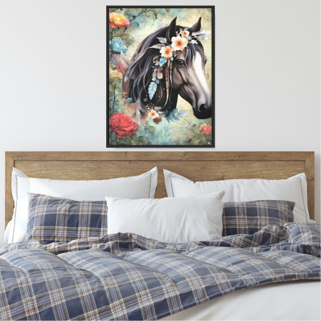  Brown horse in flowers. Canvas Print (Insitu(Bedroom))