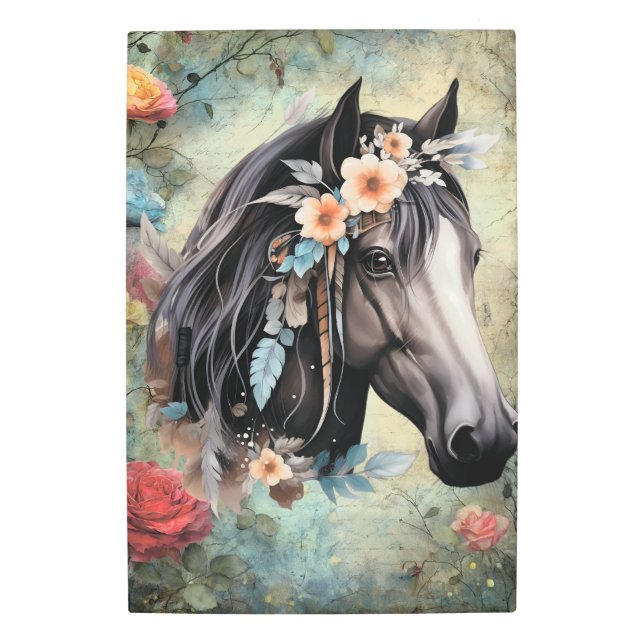  Brown horse in flowers. Metal Print (Front)