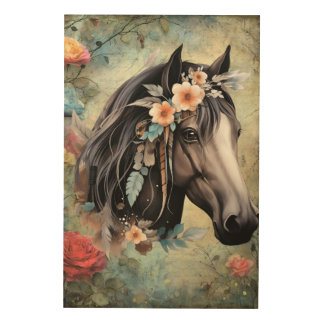  Brown horse in flowers. Wood Wall Art