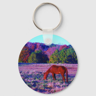 Brown horse in Purple Grass Keychain