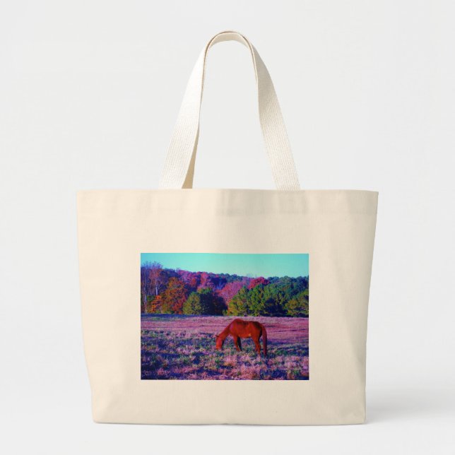 Brown horse in Purple Grass Large Tote Bag (Front)