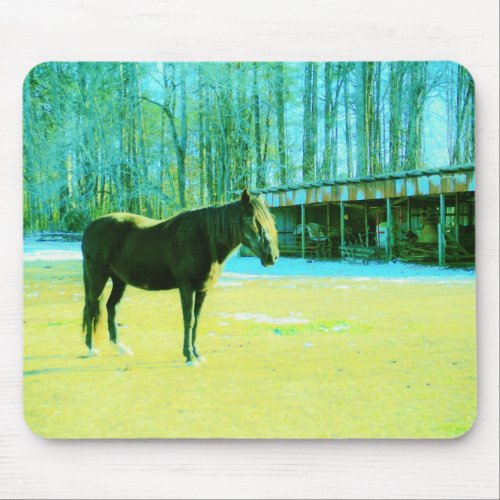 Brown horse in snow by barn mouse pad