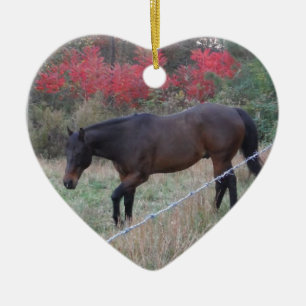 Brown horse in the red autumn trees ceramic ornament