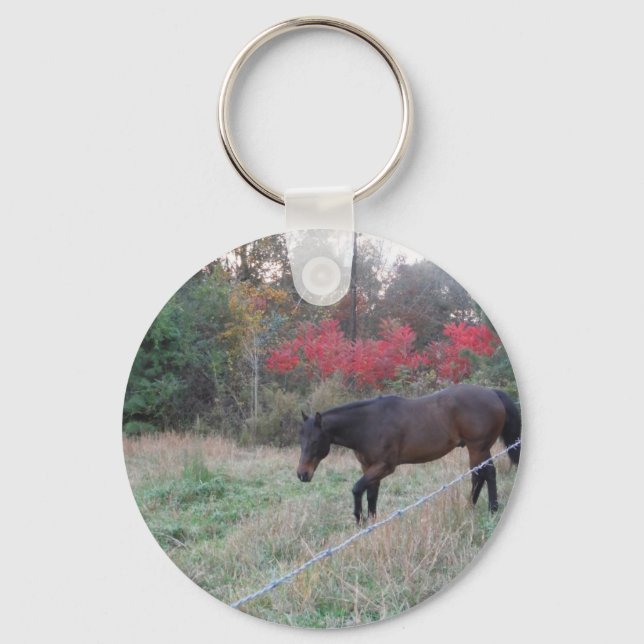 Brown horse in the red autumn trees keychain (Front)