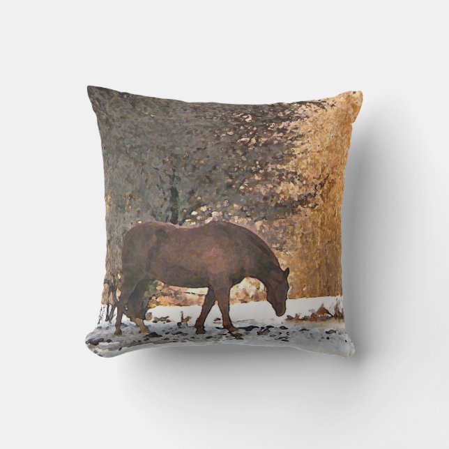 Brown Horse in Winter Animal Outdoor Pillow (Front)