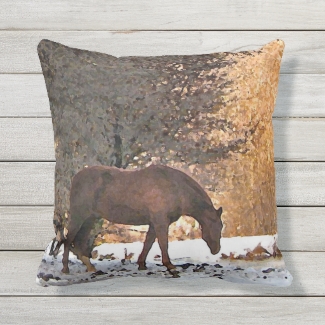 Brown Horse in Winter Animal Outdoor Pillow