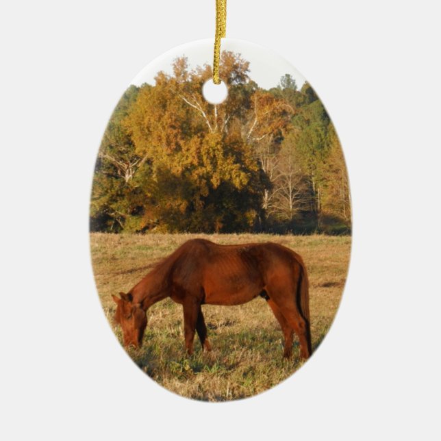 Brown horse in  yellow tree field ceramic ornament (Front)