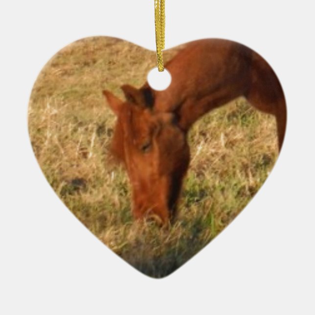 Brown horse in  yellow tree field ceramic ornament (Front)