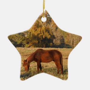 Brown horse in  yellow tree field ceramic ornament