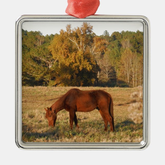 Brown horse in  yellow tree field metal ornament (Front)