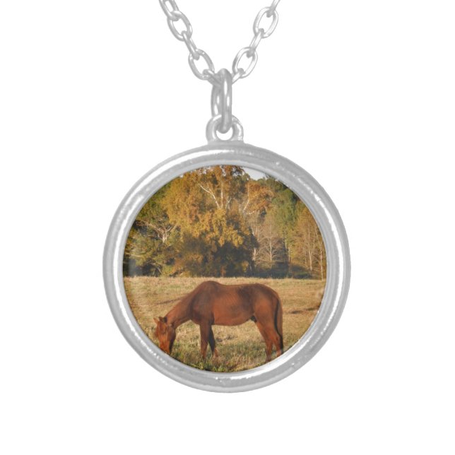 Brown horse in  yellow tree field silver plated necklace (Front)