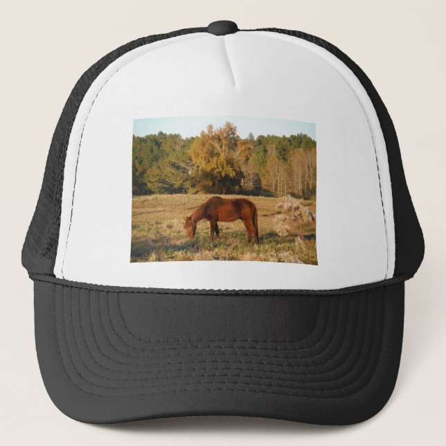 Brown horse in  yellow tree field trucker hat (Front)