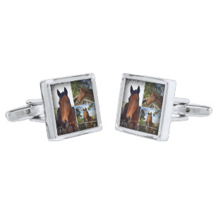 Brown Horse Photo Collage, Silver Finish Cufflinks