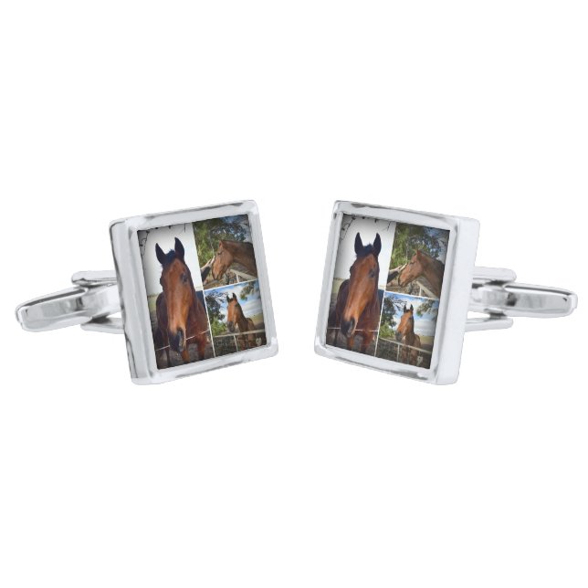 Brown Horse Photo Collage, Silver Finish Cufflinks (Angled)