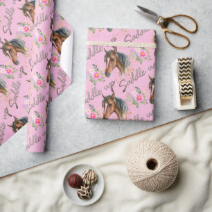 Brown Horse Pink Birthday Girl Cowgirl Wrapping Paper