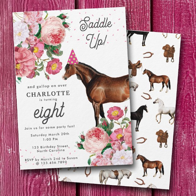 Brown Horse Pink Floral Girl Cowgirl Birthday Invitation (Brown Horse Pink Floral Girl Cowgirl Birthday Invitation)