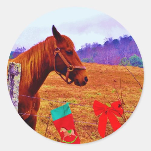 Brown horse purple tree Christmas Classic Round Sticker