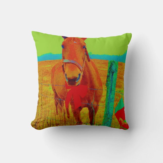 Brown Horse, Purple Trees Throw Pillow (Front)