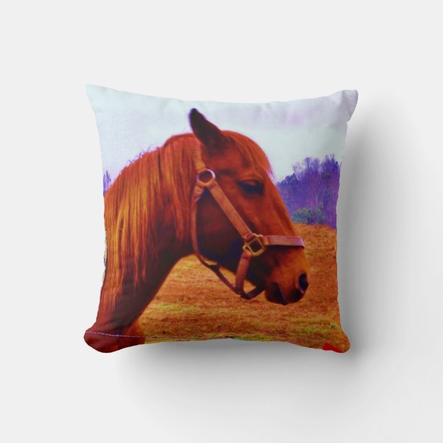 Brown Horse, Purple Trees Throw Pillow (Front)
