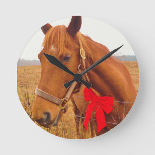 Brown horse Red Bow Round Clock