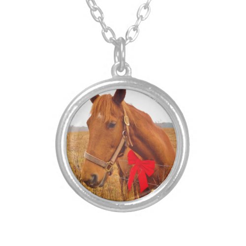 Brown horse Red Bow Silver Plated Necklace