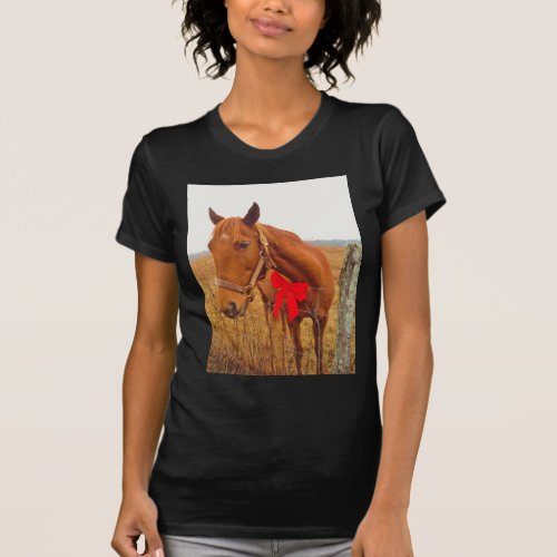 Brown Horse Red Bow T_Shirt
