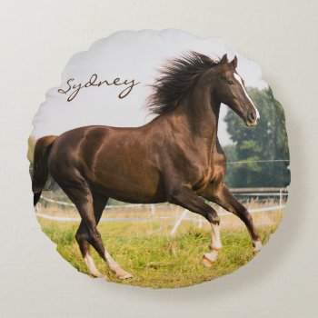 Brown Horse Running Name Template Round Pillow by DustyFarmPaper at Zazzle