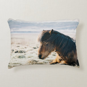 BROWN HORSE SITTING ON GRASS NEAR BEACH ACCENT PILLOW