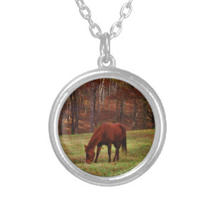 Brown Horse w/ White Nose at Woods Edge Silver Plated Necklace