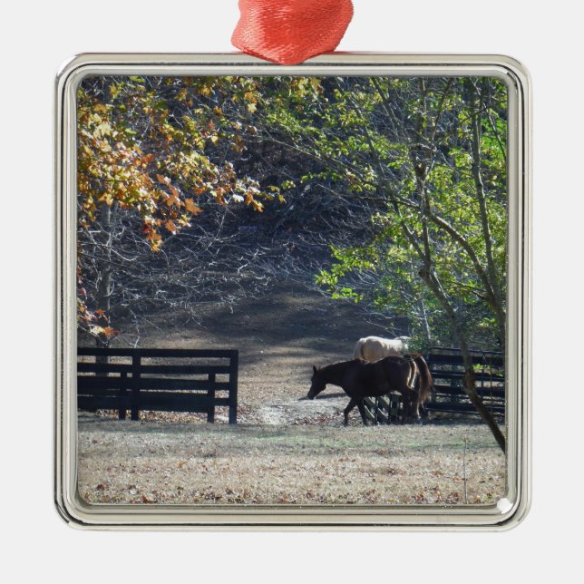 Brown Horse walking through Fence Metal Ornament (Front)