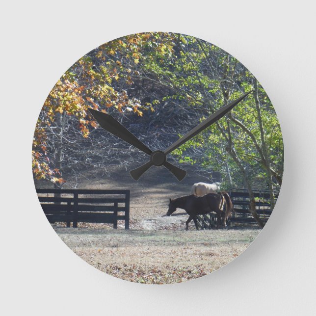 Brown Horse walking through Fence Round Clock (Front)